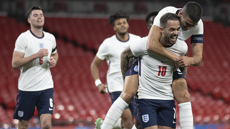 Danny Ings celebrates his goal for England