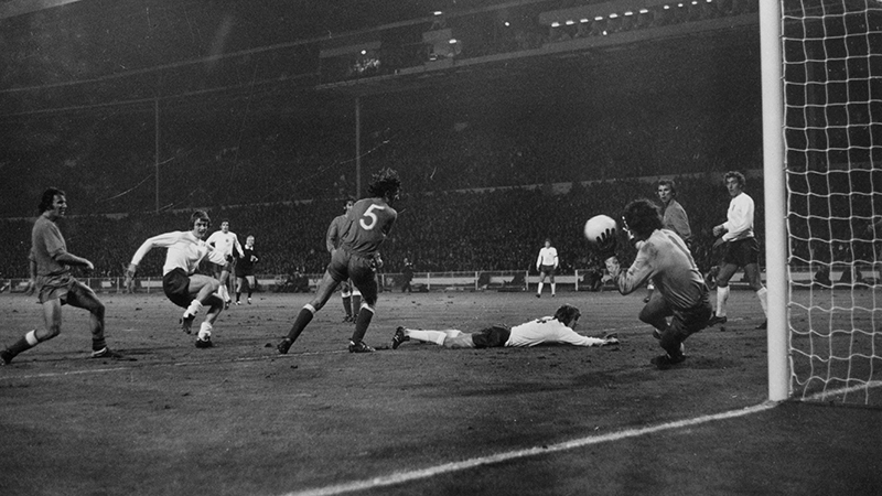 England's Allan Clarke sees a shot saved by Jan Tomaszewski at Wembley in 1973