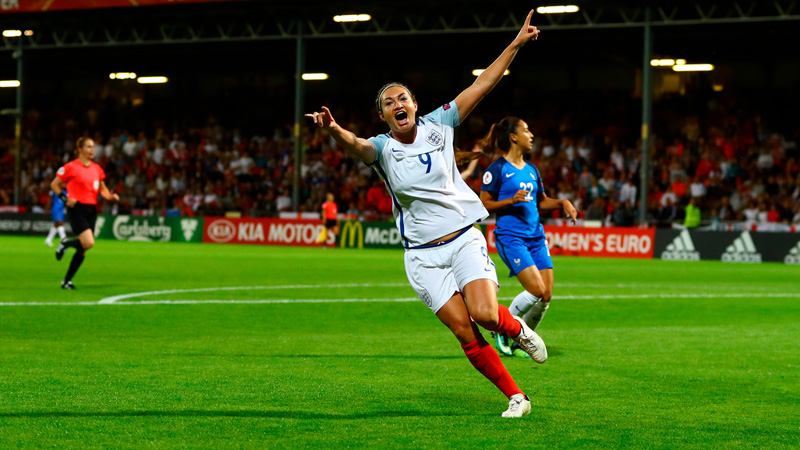 England striker Jodie Taylor celebrates the opening goal against France at Euro 2017