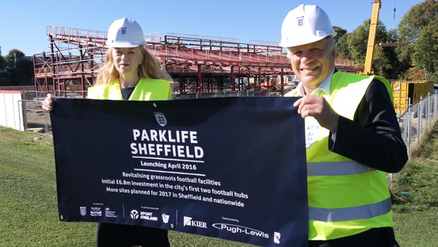 Greg Dyke with Councillor Isobel Bowler, Cabinet Member for Neighbourhoods at Sheffield City Council at Thorncliffe, the site of one of the first two Community Football Hubs set to open in April 2016