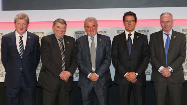 England Manager Roy Hodgson along with predecessors Graham Taylor, Terry Venables, Fabio Capello and Sven-Goran Eriksson.