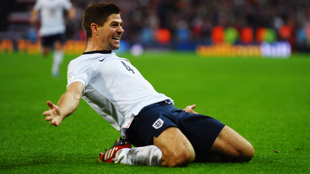 England captain Steven Gerrard celebrates after scoring against Poland at Wembley