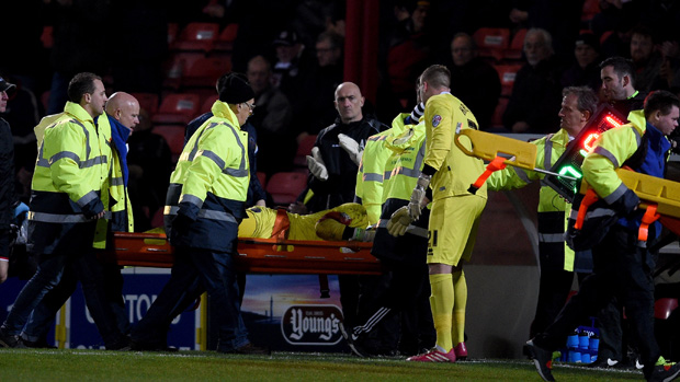 Shrews stopper Jayson Leutwiler was stretchered off just before half-time