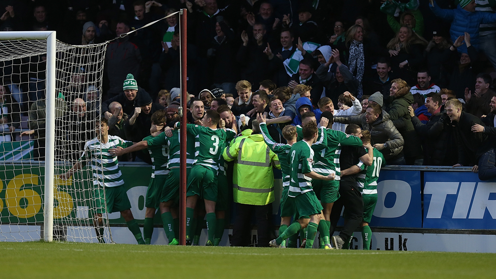 Northwich Victoria fans celebrate James Ball