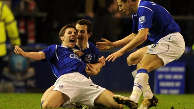 Dan Gosling celebrates his FA Cup winner for Everton against Liverpool in 2009