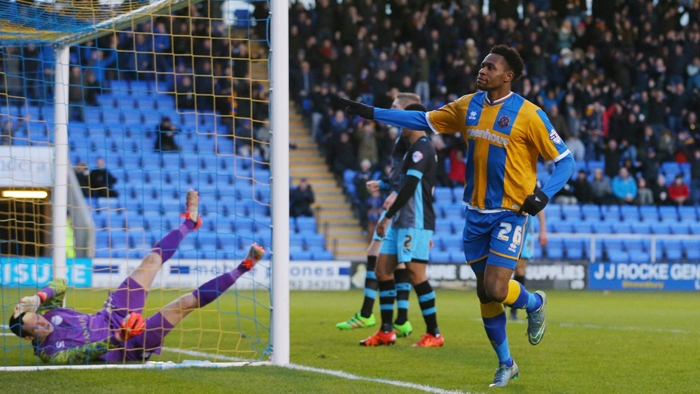 Jean-Louis Akpa-Akpro wheels away after pulling Shrewsbury Town level against Sheffield Wednesday