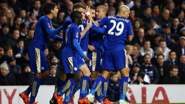 The Leicester City players celebrate their equaliser against Spurs at White Hart Lane