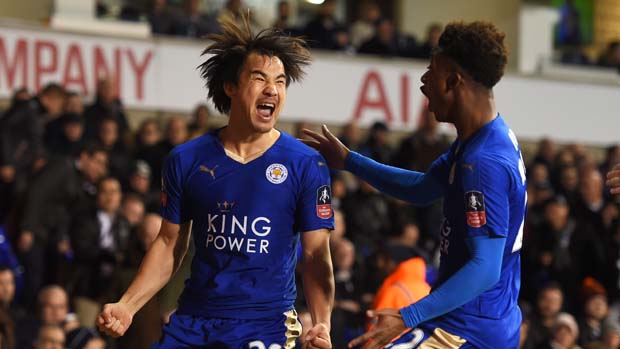 Shinji Okazaki celebrates his goal for Leicester against Spurs in the Emirates FA Cup