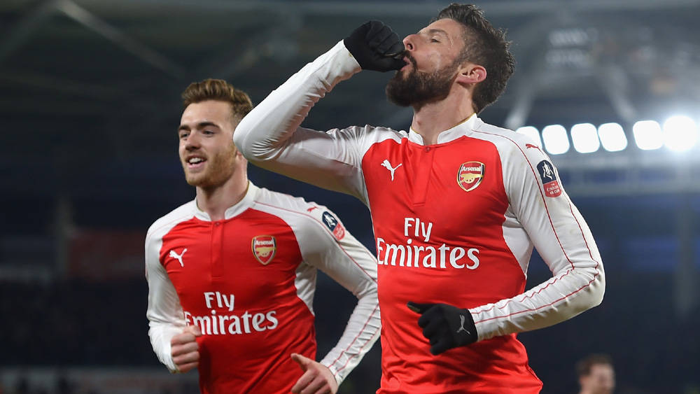 Olivier Giroud celebrates his first goal of the night