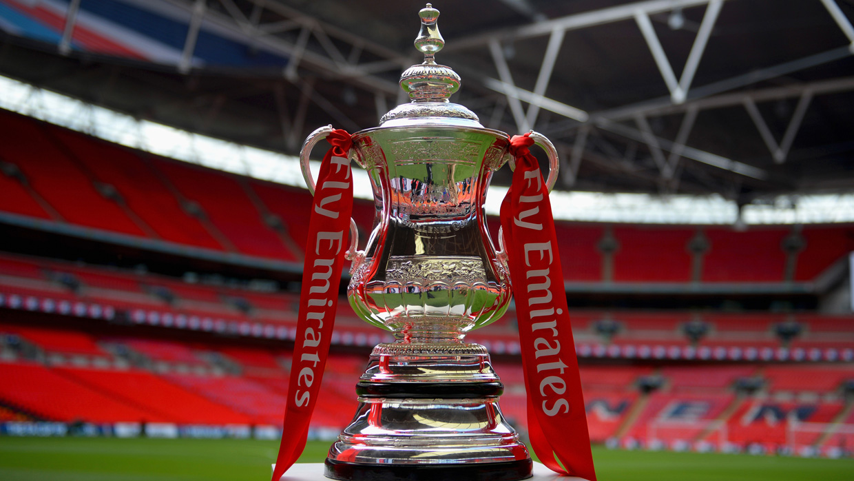 The Emirates FA Cup trophy at Wembley Stadium.