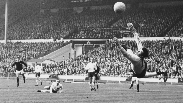 Gordon Banks makes a save for England against Scotland at Wembley