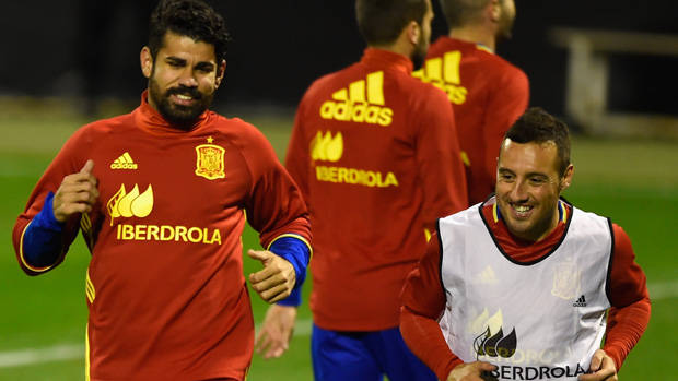 Diego Costa and Santi Cazorla train ahead of England game