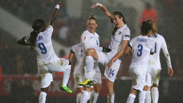 Jill Scott and Eni Aluko celebrate the winner against Bosnia & Herzegovina