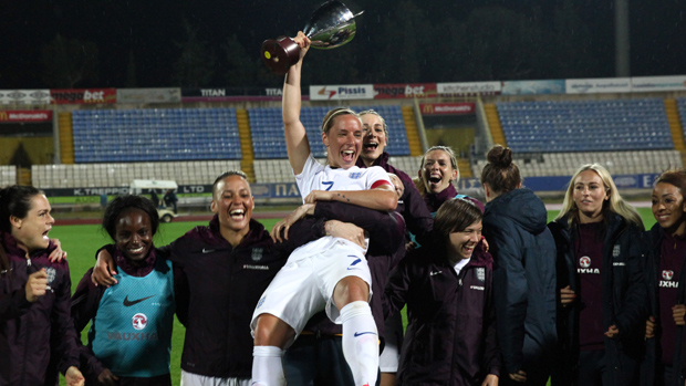 Jordan Nobbs is held aloft with the Cyprus Cup