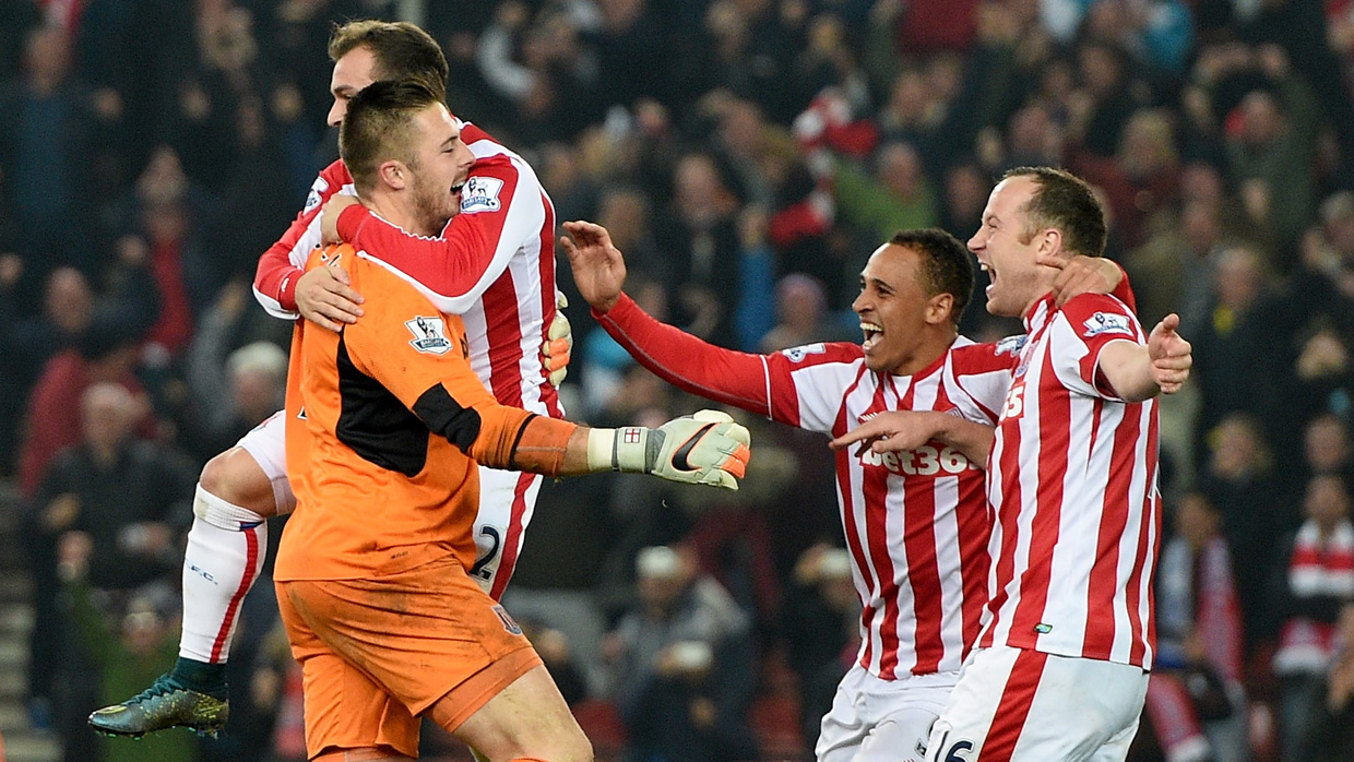 Jack Butland celebrates after saving Eden Hazard