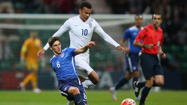 England Under-21s midfielder Dele Allie skips past a USA challenge at Deepdale.