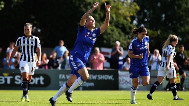 Gilly Flaherty celebrates a goal for Chelsea
