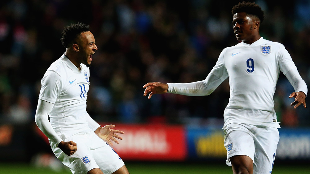 Nathan Redmond celebrates his goal with Chuba Akpom
