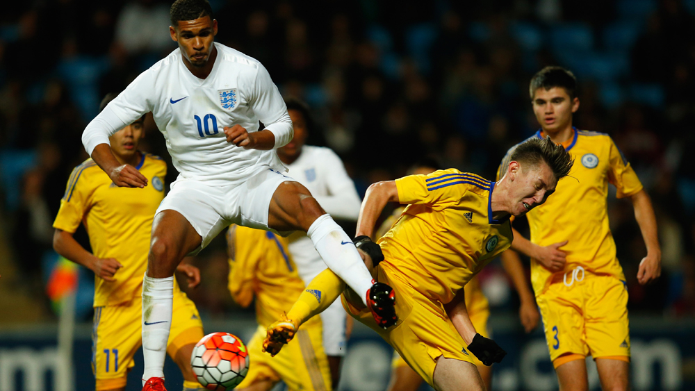 Ruben Loftus-Cheek leaps above the Kazazhstan defence