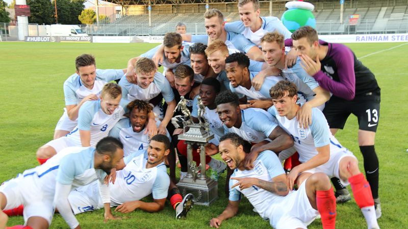 England Under-21s celebrate victory in Toulon