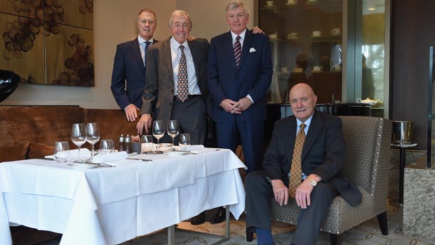 Sir Geoff Hurst, Gordon Banks, Martin Peters and George Cohen at the Royal Garden Hotel in Kensington