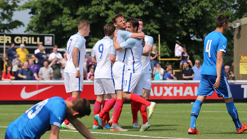 England C celebrate a goal against Slovakia U21s at Sutton