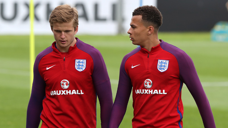 England and Spurs pair Eric Dier and Dele Alli at training in Chantilly