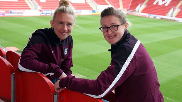 Laura Bassett (left) and Ellen White pose at the New York Stadium