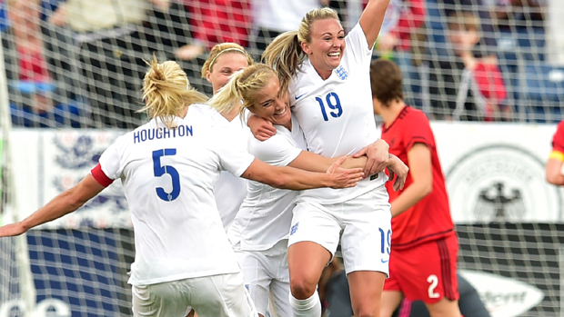 Toni Duggan (No19) celebrates after scoring against Germany at the SheBelieves Cup