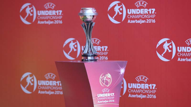 The UEFA European U17 Championship trophy at the draw in Azerbaijan