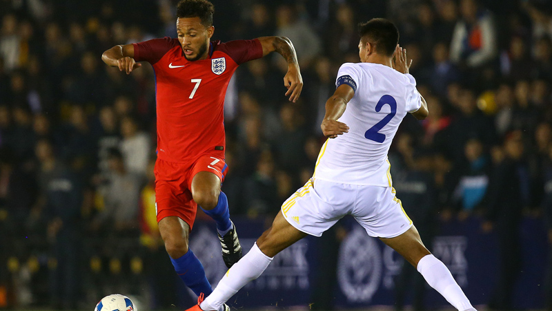 England U21s midfielder Lewis Baker skips over a challenge against Kazakhstan