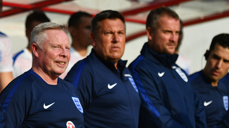 Sammy Lee, Craig Shakespeare and Martyn Margetson on the England bench in Slovakia
