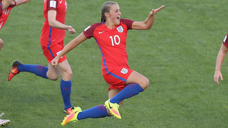 Georgia STanway celebrates after scoring a penalty against Brazil