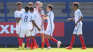 England Under-19s midfielder Tom Davies celebrates his goal against Netherlands in Telford