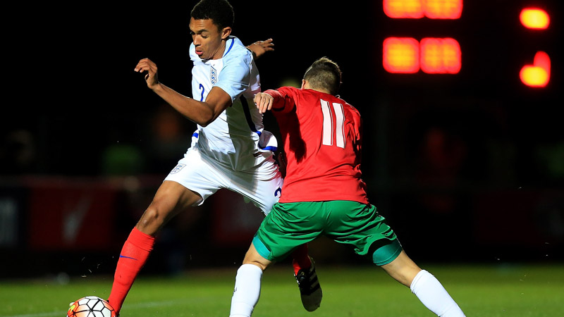 England Under-19s defender Trent Alexander-Arnold advances forward against Bulgaria