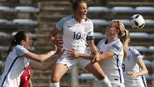 Georgia Stanway celebrates after levelling from the spot against Serbia