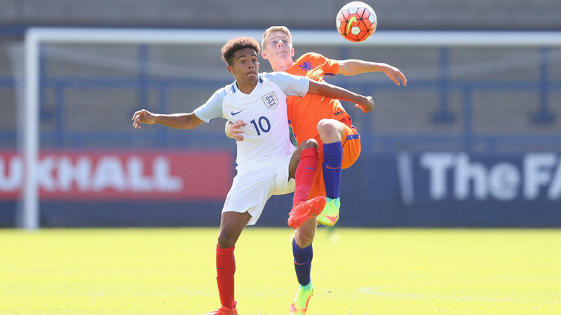 England Under-19s and Chelsea forward Jacob Maddox controls the ball against the Dutch