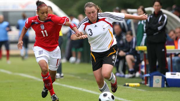 Jess Clarke in action for England Under-19s against Germany in 2008