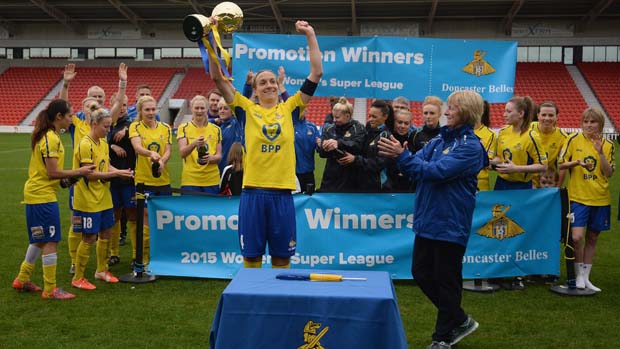 Doncaster Rovers Belles captain Leandra Little celebrates promotion.